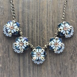 Modern Faux Opal Rhinestone Flower Necklace Copper Tone Metal Statement Costume